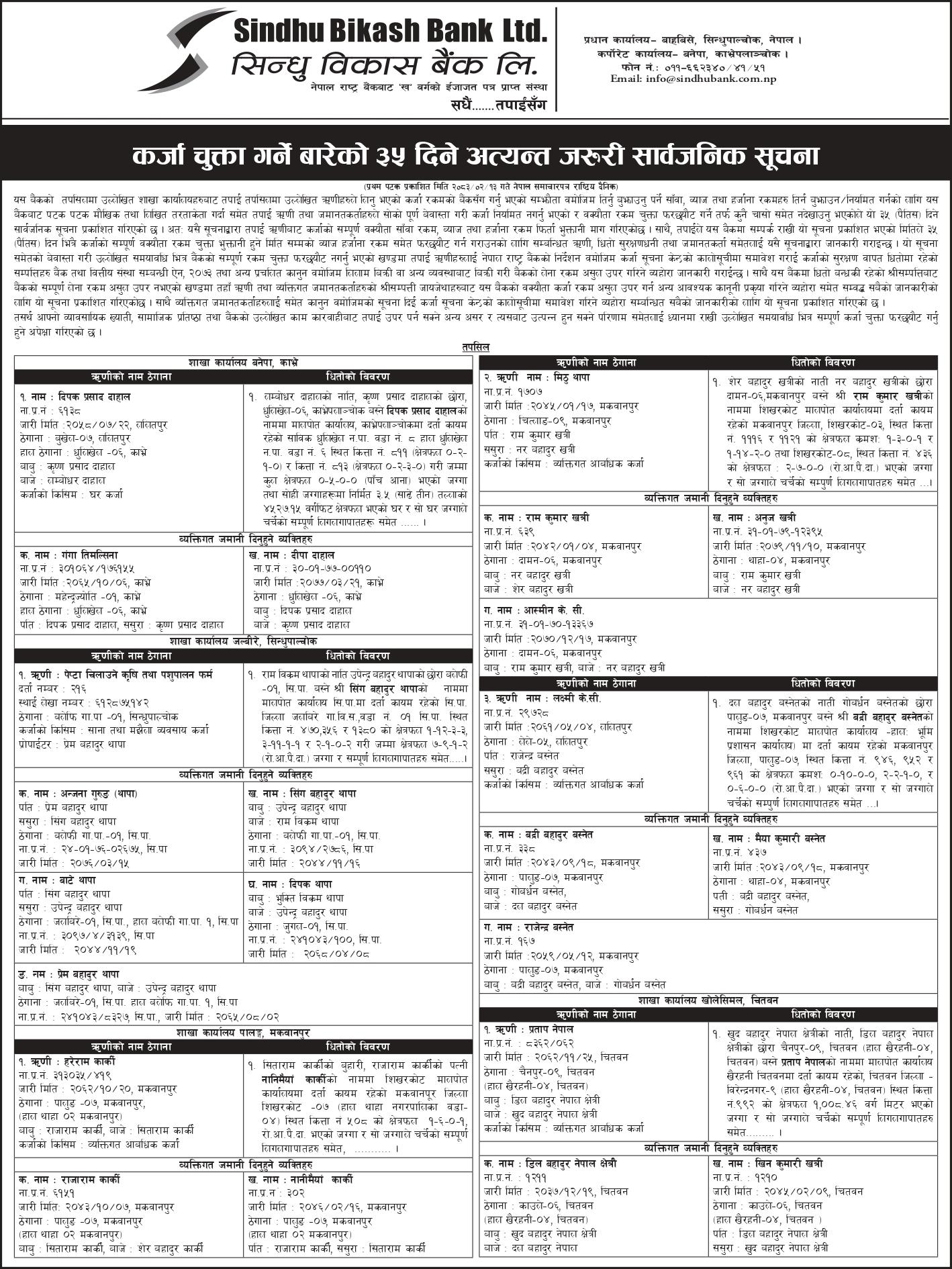 35 days notice of Dipak prasad Dahal, MS. Pepta Chilaune Krishi Tatha Panshupalan Firm,Mr. Hareram Karki,Mrs. Mithu Thapa,Mrs. Laxmi K. C. and Mr. Pratab Nepal